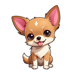 Cute Childish Kawaii Chihuahua Dog Character Sticker Sitting with Head Tilted, Rich Caramel Fur, Round Eyes, Pink Tongue, Red Collar with Tag, Thick Black Outline, Generative AI.