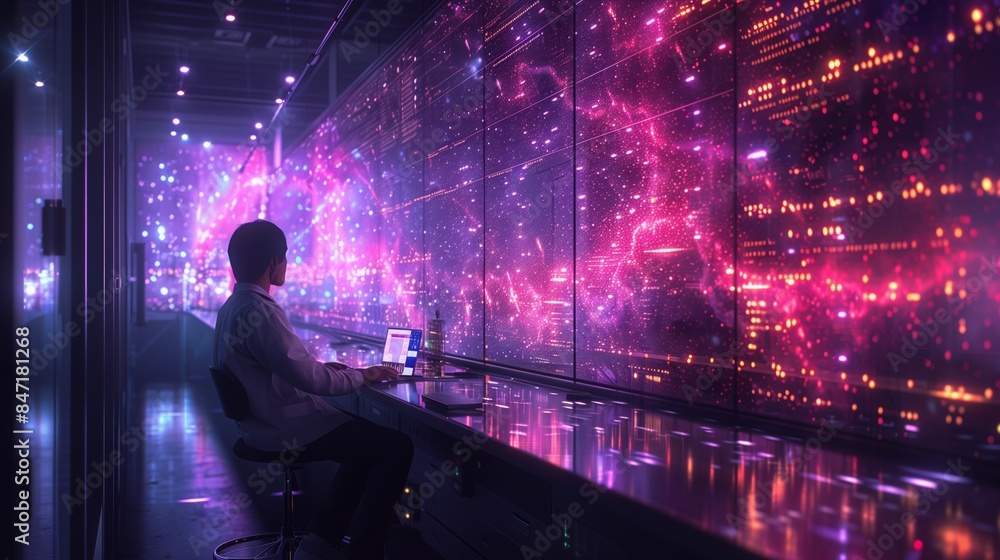 Poster a person sits in front of a large holographic display, presumably participating in a futuristic endo
