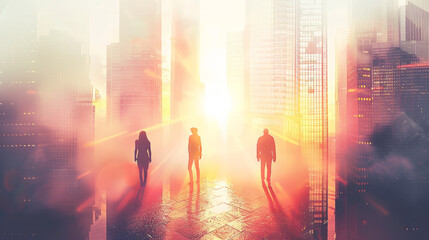 three silhouette people in cityscape during sunrise or sunset with bright light and skyscrapers