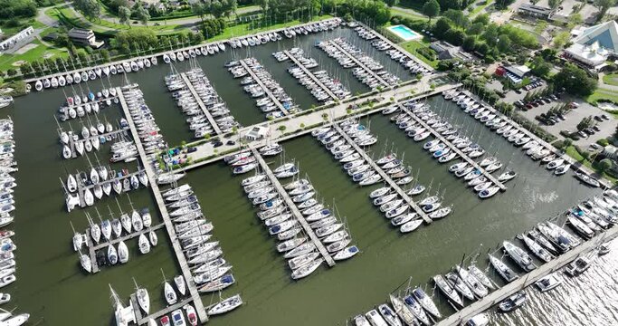 Port of Makkum, Friesland, The Netherlands. Aerial view. Recreational boats and ships.