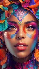 Obraz premium A vibrant and diverse portrait of a woman face adorned with a kaleidoscope of colors