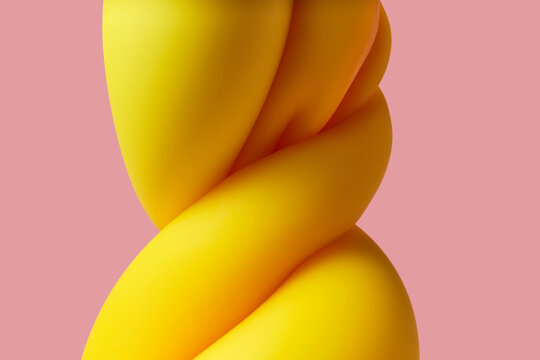 Yellow matter deformed into spring on pink studio background