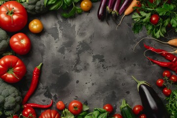 Fresh Vegetables Arranged In A Border On A Dark Countertop