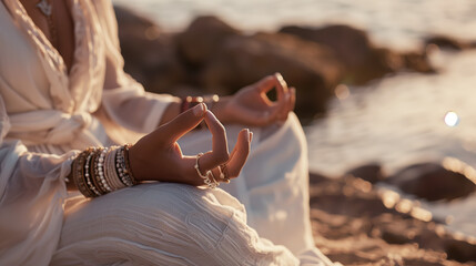 Close-up of the hands of a girl dressed in boho style. Prayer or meditation on the ocean shore.