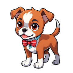 Obraz premium Cute Childish Kawaii Boxer Dog Character Sticker Standing on Hind Legs with Red and White Striped Bow Tie, Brindle Fur with White Markings, Sparkling Eyes, Thick Black Outline, Generative AI.