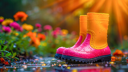 Colorful Rain Boots in Autumn Rain. Generative ai