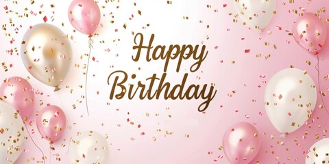 "Happy Birthday" Background with golden balloon and confetti decoration element for your celebration presentation pink white color scheme Generative AI