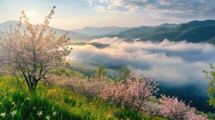Spring above the clouds in the mountains