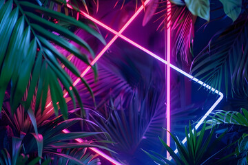 Fototapeta premium Creative fluorescent color layout made of tropical leaves. Flat lay neon colors. Nature concept.
