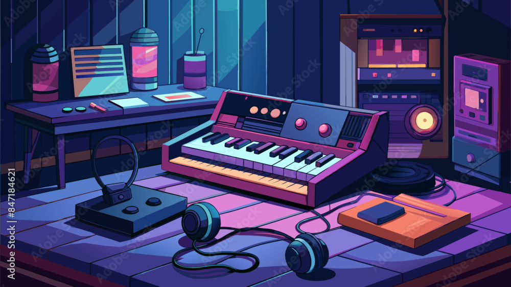 Poster a computer studio with a keyboard, a microphone, and a cd player. the room is dimly lit and has a ne