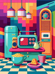 A colorful kitchen with a microwave, toaster, and refrigerator. The kitchen is bright and cheerful, with a sense of nostalgia