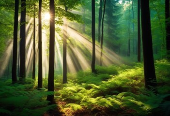 Naklejka premium sunlit forest glade beam light tranquil nature scene woods, serene, peaceful, trees, sunlight, woodland, bright, calm, natural, picturesque, foliage, sunbeams,