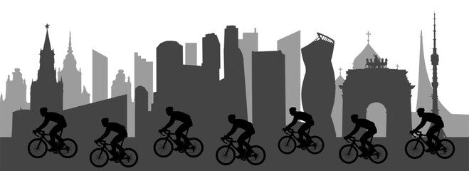 Cycling festival, silhouette of cyclists on the background of Russia attractions, cycling race. Vector illustration