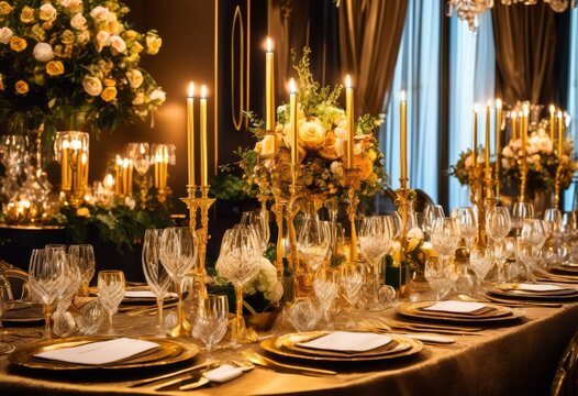 elegant formal dinner party table setting luxurious decor fine dining experience, celebration, event, food, drinks, classy, stylish, upscale, exquisite, fancy
