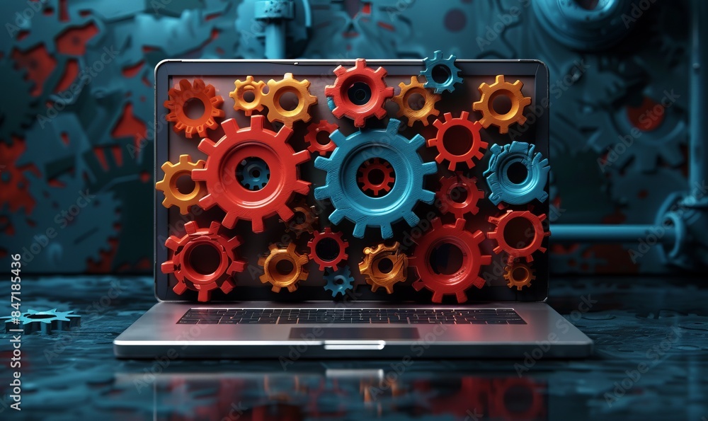 Poster opened blank laptop with intersecting colorful gears over screen and on dark background