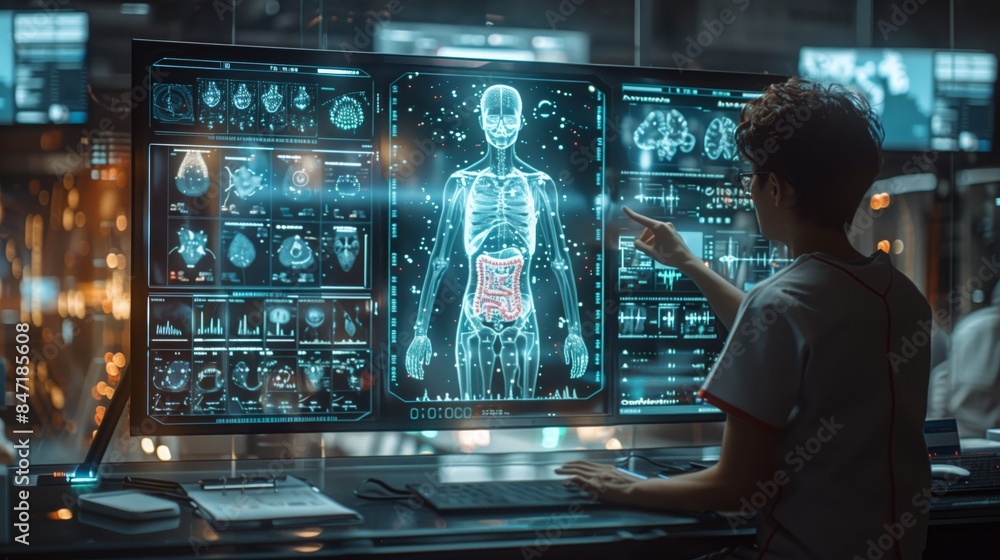 Leinwandbilder a futuristic medical setting featuring a doctor using holographic technology to consult with a patie