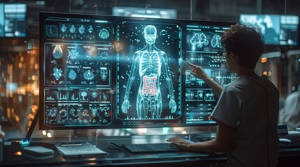 A futuristic medical setting featuring a doctor using holographic technology to consult with a patient about the digestive system. The doctor points to a digital representation of the intestines on a
