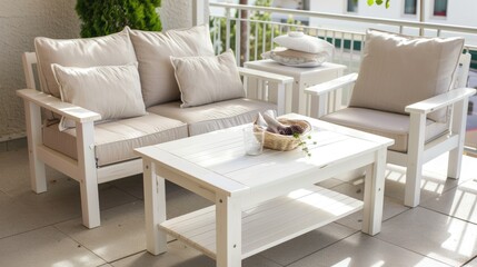 an outdoor lounge area featuring white rattan sofas and chairs adorned with beige patterned cushions, set against a light grey wall for an elegant atmosphere.