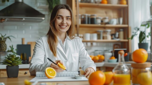 Smiling woman holding orange slice in bright kitchen with fresh oranges. Lifestyle of health and wellness. Great for food bloggers. Ideal for organic product promotions, healthy living content. AI