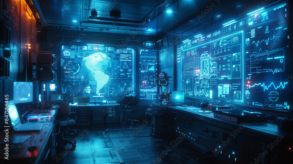 Poster a futuristic medical facility with a holographic interface displaying vital signs and patient data.