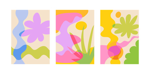 Set of abstract summer posters. Vector flat illustration of various organic shapes. Tropical exotic creative design