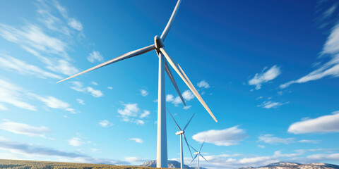 Fototapeta premium Close-up of a single wind turbine against a clear blue sky, blades rotating, high detail