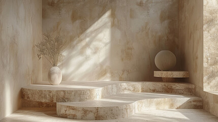 A room display with a white wall and a vase with flowers on it