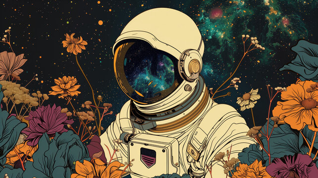Surreal illustration of spaceman with flowers, 3d illustration, cosmos