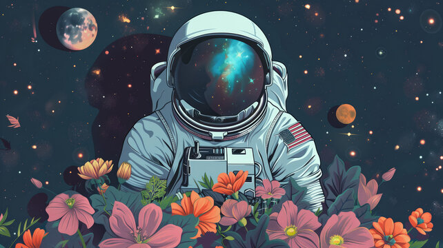 Surreal illustration of spaceman with flowers, 3d illustration, cosmos