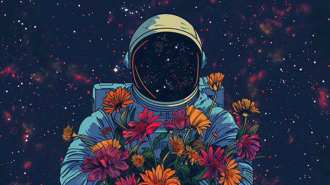 Surreal illustration of spaceman with flowers, 3d illustration, cosmos