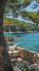 an outdoor lounge area featuring white rattan sofas and chairs adorned with beige patterned cushions, set against a light grey wall for an elegant atmosphere.
