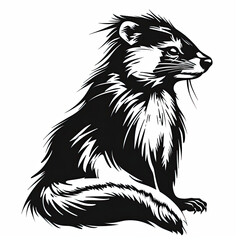 A black and white drawing of a ferret on a white background