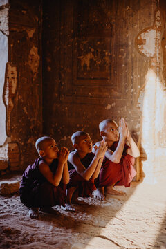 Novice monks in prayer inside temple