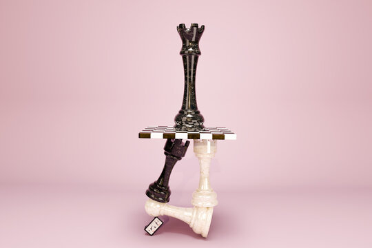 Chess pieces balance 3D concept. Hierarchy, cooperation, teamwork.  