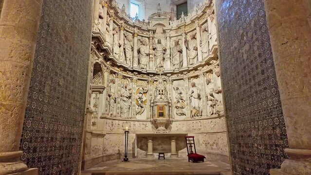 Gothic romanesque cloister of old Coimbra Cathedral, Se Velha de Coimbra in Portugal. It is one of most important romanesque buildings in Portugal and landmark in Coimbra, north of Portugal.