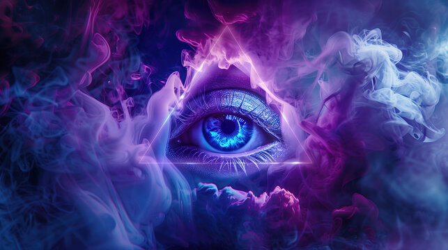Close Up of a Blue Eye Of God Inside a Triangle Surrounded by Purple and Blue Smoke Illuminati Masonic symbol Conspiracy Theory