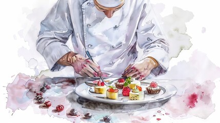 A chef carefully decorates a plate of pastries with tweezers and a paintbrush.