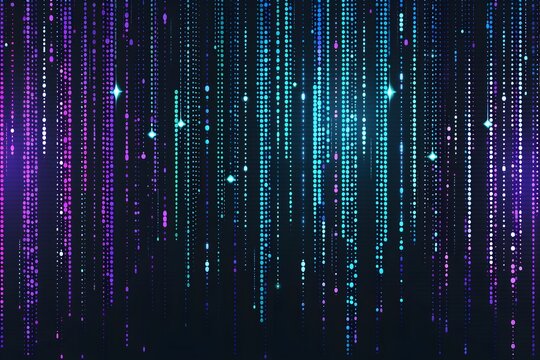 Digital code rain colored dots on a black background, cryptogram Cybersecurity. Concept Technology data protection 