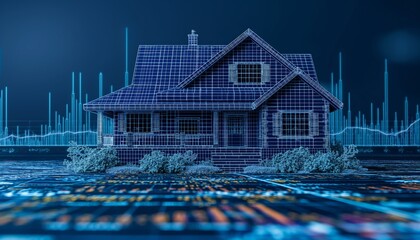 Digital wireframe house model in cyber landscape