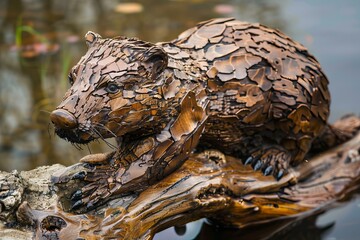 Intricate wooden sculpture of a river otter resting on a log by a pond, crafted with meticulous detail