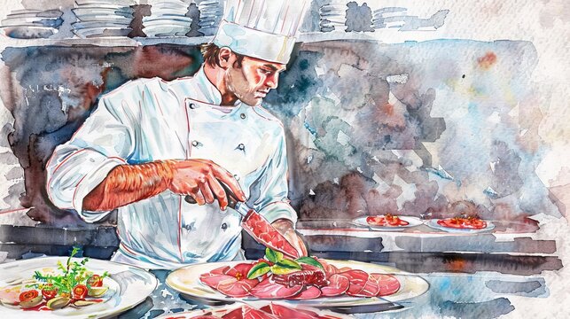 A chef is carefully preparing a dish in a restaurant kitchen.