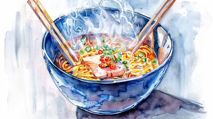 A watercolor painting of a bowl of ramen. The ramen is topped with naruto, chashu, and green onions. The bowl is sitting on a table.