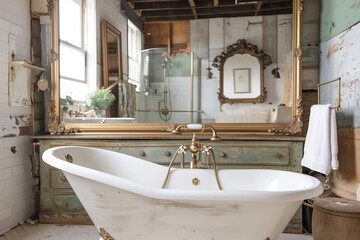 A bathroom with a vintage clawfoot tub, brass fixtures, and a large ornate mirror.