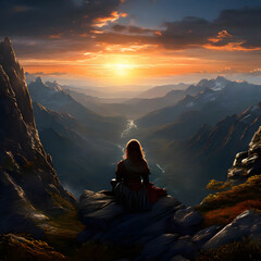 Fototapeta premium A girl sitting on the a mountain watching the sun setting behind the mountains