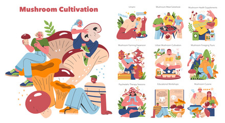 Mushroom Cultivation. Flat Vector Illustration