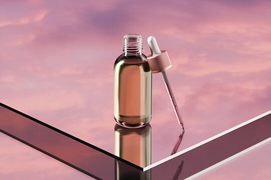Cosmetic beauty face serum bottle and dropper on mirror