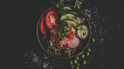 Fresh vegetable salad in a bowl on dark background