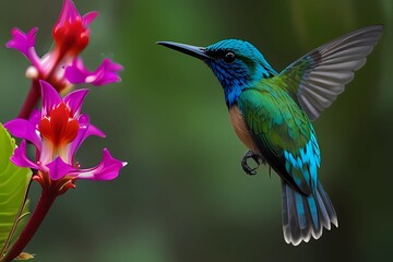 Fototapeta premium Beautiful shiny tropic green and blue bird, Crowned Woodnymp, Thalurania colombica, flying next tu pink bloom flower, glossy animal, Costa Rica 