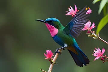 Obraz premium Beautiful shiny tropic green and blue bird, Crowned Woodnymp, Thalurania colombica, flying next tu pink bloom flower, glossy animal, Costa Rica 