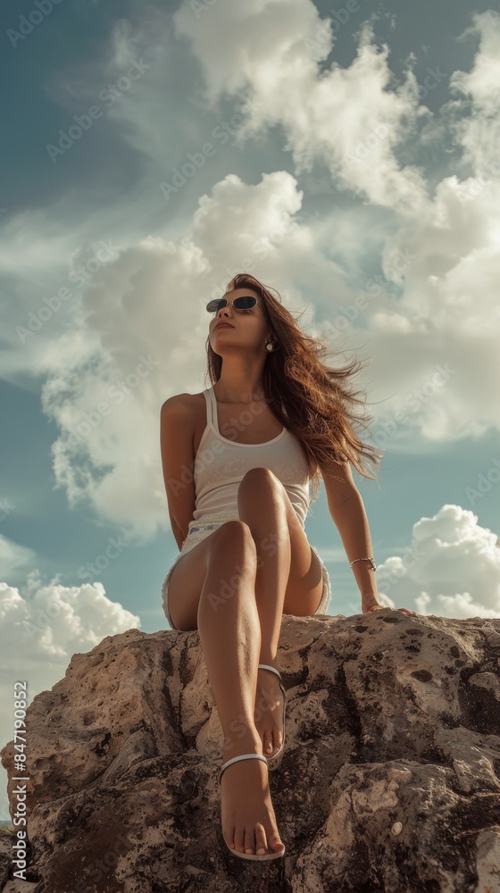 Sticker A woman sitting on top of a large rock